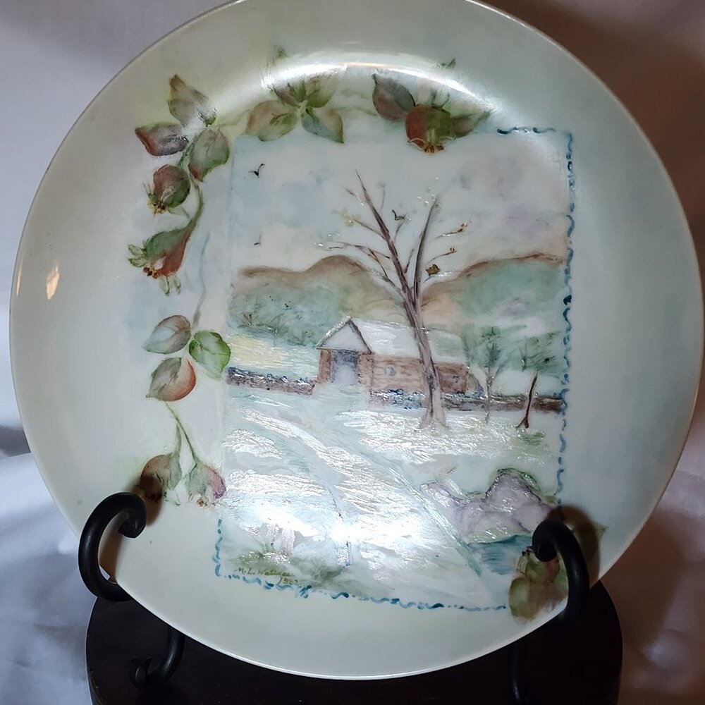 Vintage Green Pink Floral Hand Painted Plate - 9.25"